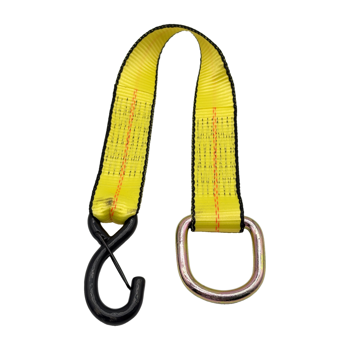 2" x 24" 1-Ply Strap Extension w/5,500 lb Break Strength Vinyl Coated S-Hook w/Safety Latch on One End w/2" D-Ring on Opposite End - Yellow