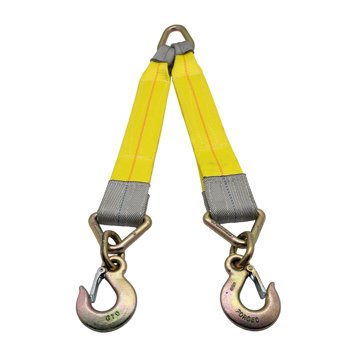 G70 V-Bridle HD Tow Strap w/3"x24" 3-Ply Center Legs w/Wear Pad Protected Eyes w/G70 Forged 5/8" Pear Link w/3" Forged Delta w/G70 3/8" Forged Eye Slip Hooks w/Safety Latch