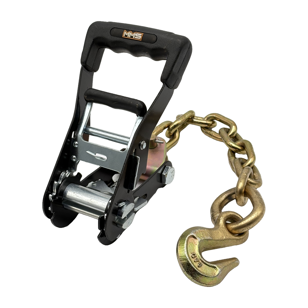 2" Premium MMS Black Rubber Wide Handle Ratchet Buckle w/G70 5/16"x12" Chain Tail w/Forged 5/16" Eye Grab Hook