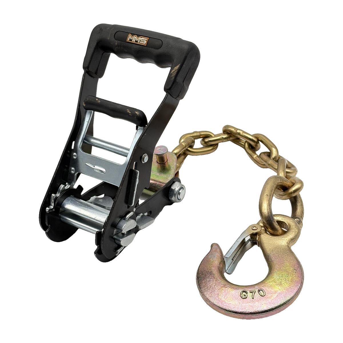 2" Premium MMS Black Rubber Wide Handle Ratchet Buckle w/Attaching G70 5/16"x12" Chain Tail w/G70 3/8" Slip Hook w/Safety Latch