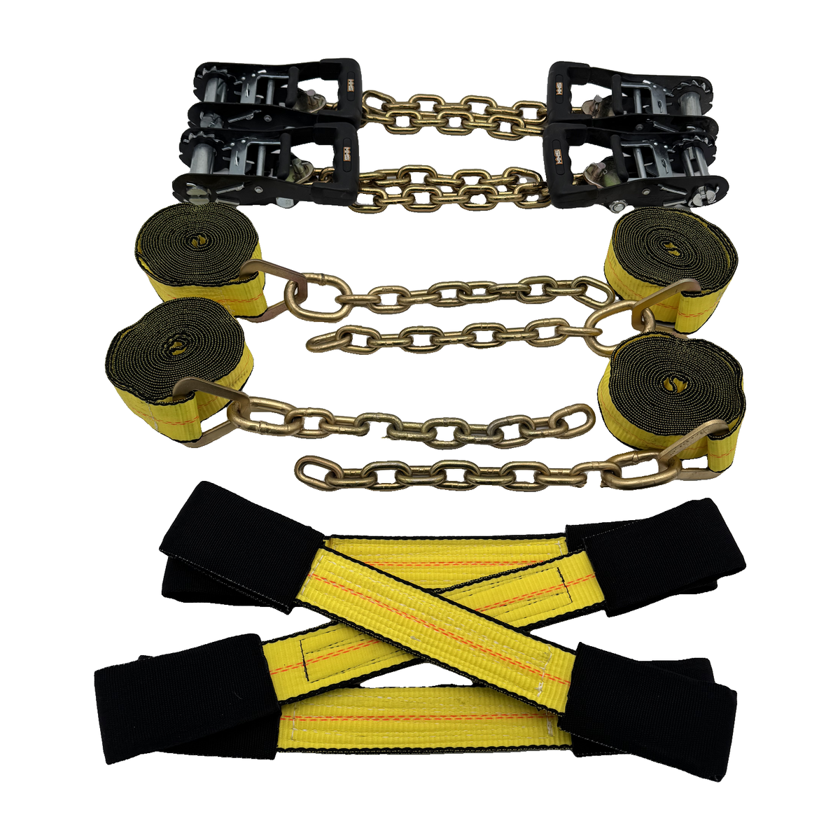 8 Point Tie Down Kit 2"x14' 100% American Made 12,000 lbs Break Strength Webbing w/G70 5/16"x12" Chain Tail Ends, "Dog Bone" Eye Loops w/Wear Pads & MMS Premium HD Ratchets (Yellow)