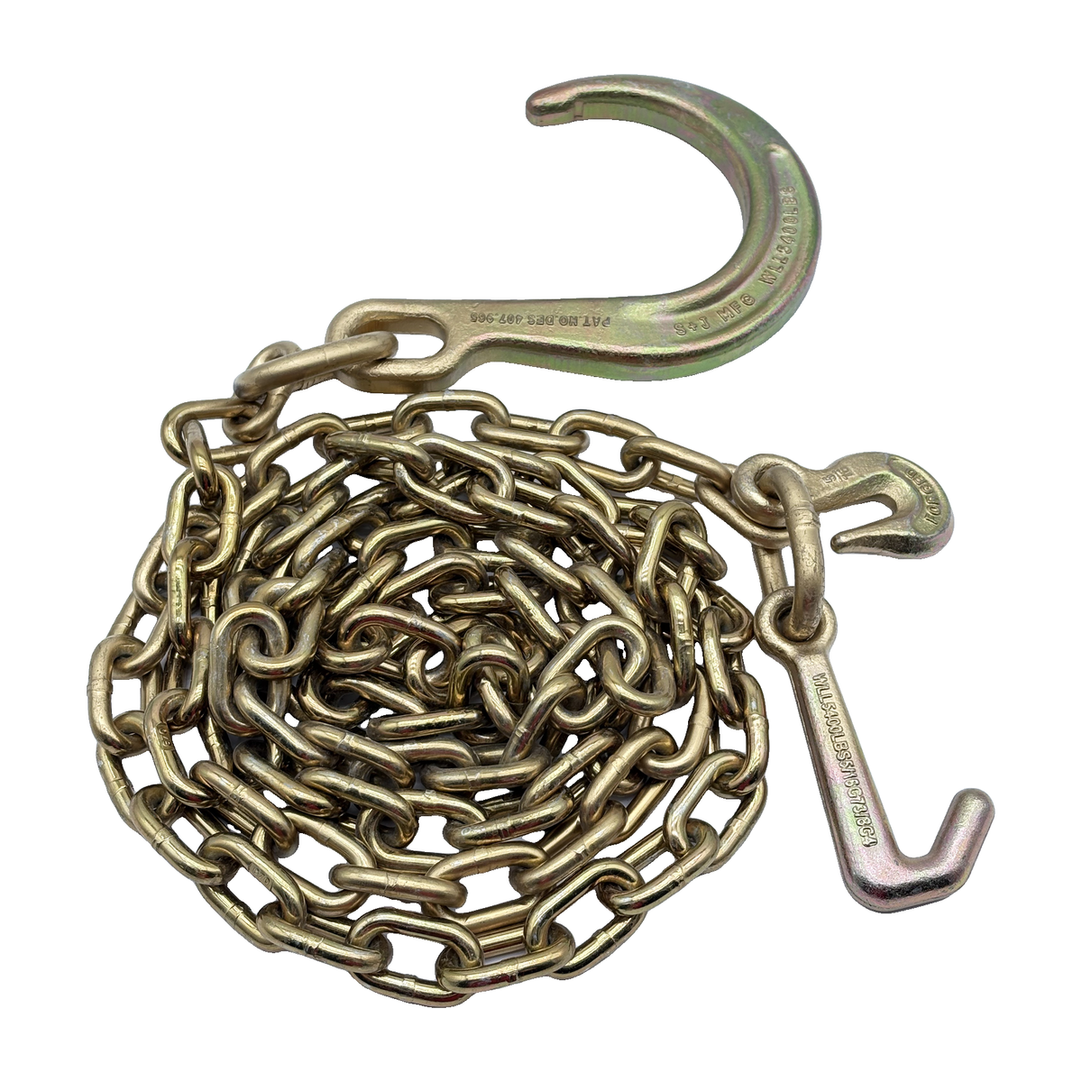 G70 5/16"x10' Chain Assembly w/8" J Hook on One End w/4" Mini J Frame Hook and Forged 5/16" Grab Hook on Opposite End