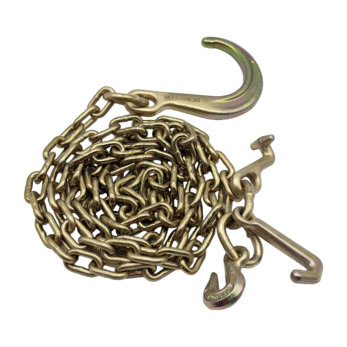 G70 5/16"x10' Chain Assembly w/8" J Hook on One End w/T,4" Mini J Frame Hook and Forged 5/16" Grab Hook on Opposite End