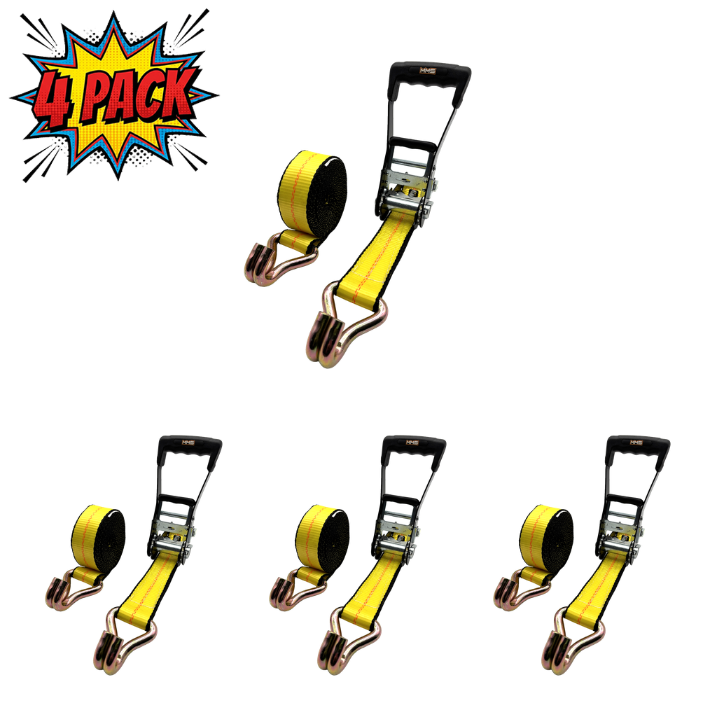2" x 27' MMS Long-Handle Ratchet Strap w/Double-J Hook 4-Pack - Yellow