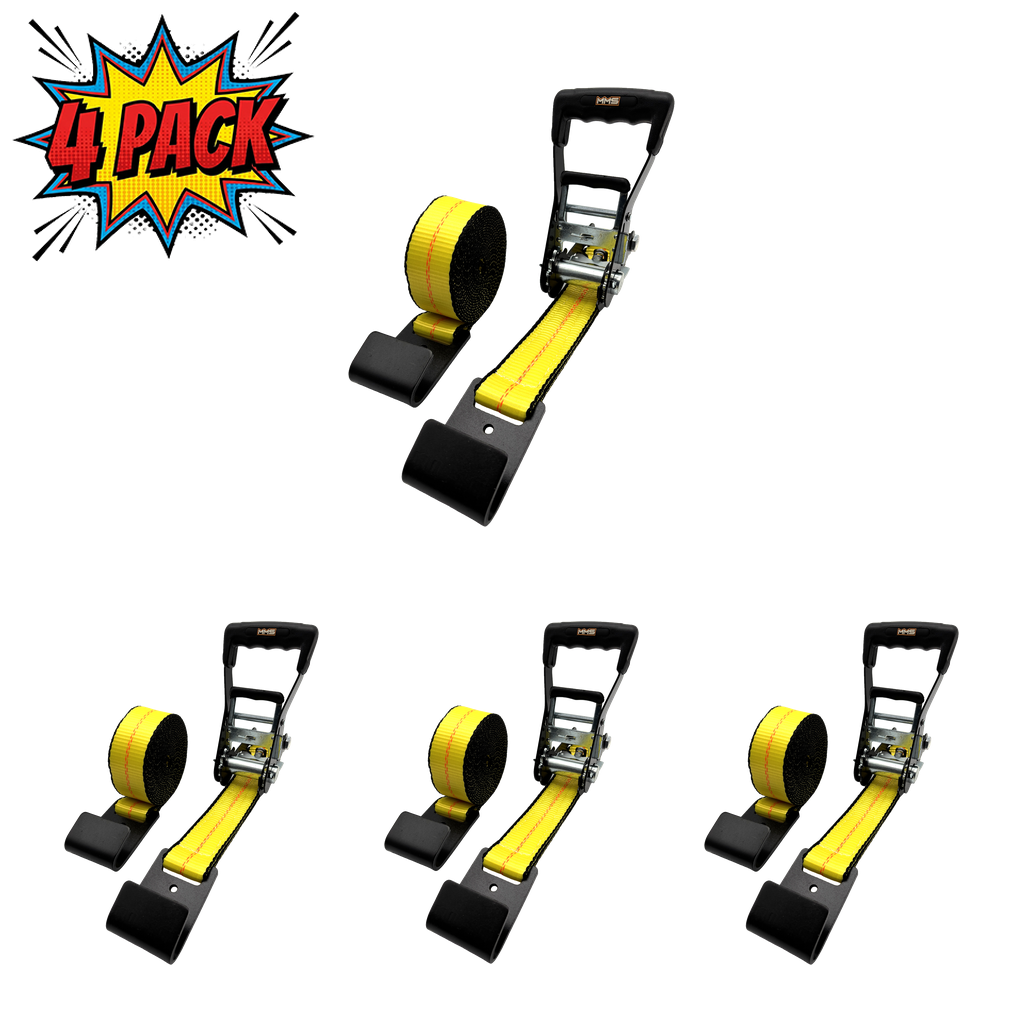 2" x 27' MMS Short-Handle Ratchet Strap w/Flat Hook 4-Pack - Yellow