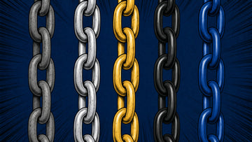 Comic illustration of five chains in different finishes representing chain grades