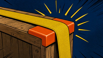 Comic illustration of an orange corner protector under a yellow strap on a crate edge