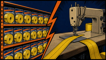 Comic split panel of packaged straps on a shelf versus a sewing bench making a custom strap