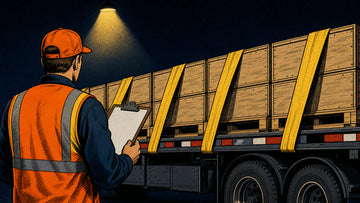 Comic illustration of an inspector with a clipboard checking a strapped flatbed load