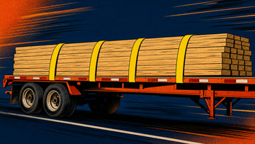 Comic illustration of a flatbed hauling lumber secured by four yellow tie-down straps