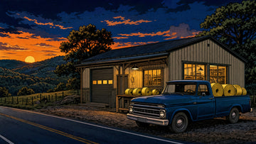 Comic illustration of a Missouri workshop at dusk with webbing rolls in a pickup bed