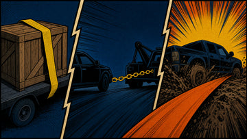 Comic three-panel illustration of securement, towing, and recovery