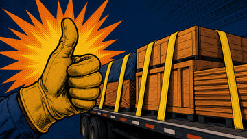 Comic illustration of a gloved thumbs-up in front of a strapped flatbed load