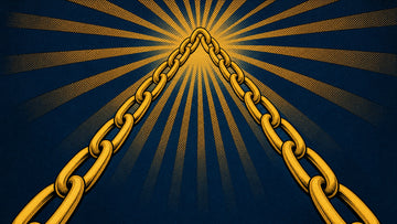 Comic illustration of two gold chains forming a V shape