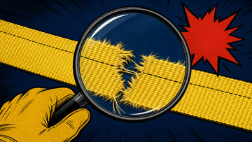 Comic illustration of a magnifying glass revealing frayed webbing on a yellow strap
