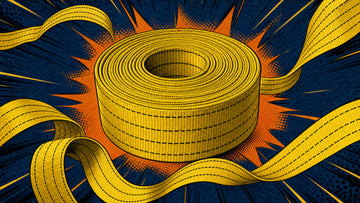 Comic illustration of a roll of yellow tie-down webbing