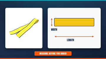 Yellow webbing with a diagram showing where to measure width and length