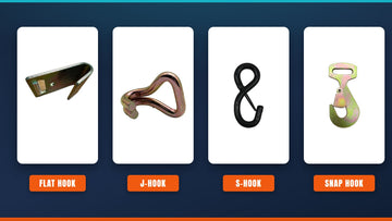 Flat hook, J-hook, S-hook, and snap hook product photos side by side