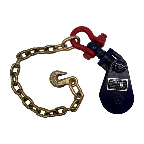 4 Ton Snatch Block w/Swiveling Shackle w/G70 3/8"x24" Chain w/G70 Forged 3/8" Grab Hook - 4-1/2" Sheave Accepts up to 1/2" Wire or Synthetic Rope