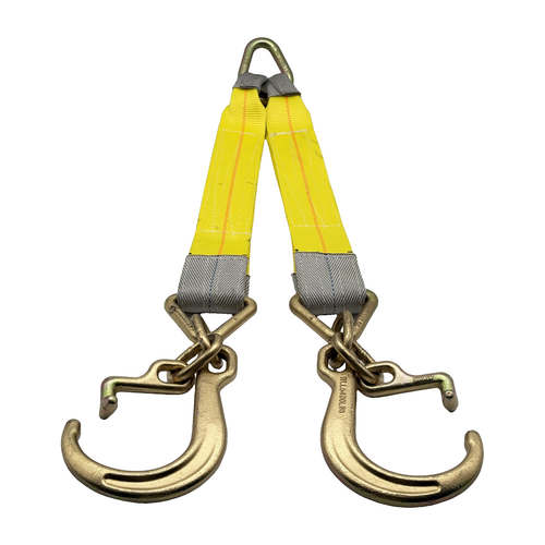 G70 V-Bridle HD Tow Strap w/3"x24" 3-Ply Center Legs w/Wear Pad Protected Eyes w/G70 Forged 5/8" Pear Link w/3" Forged Delta w/G70 Forged T Frame Hook, and 8" J Hook Clusters