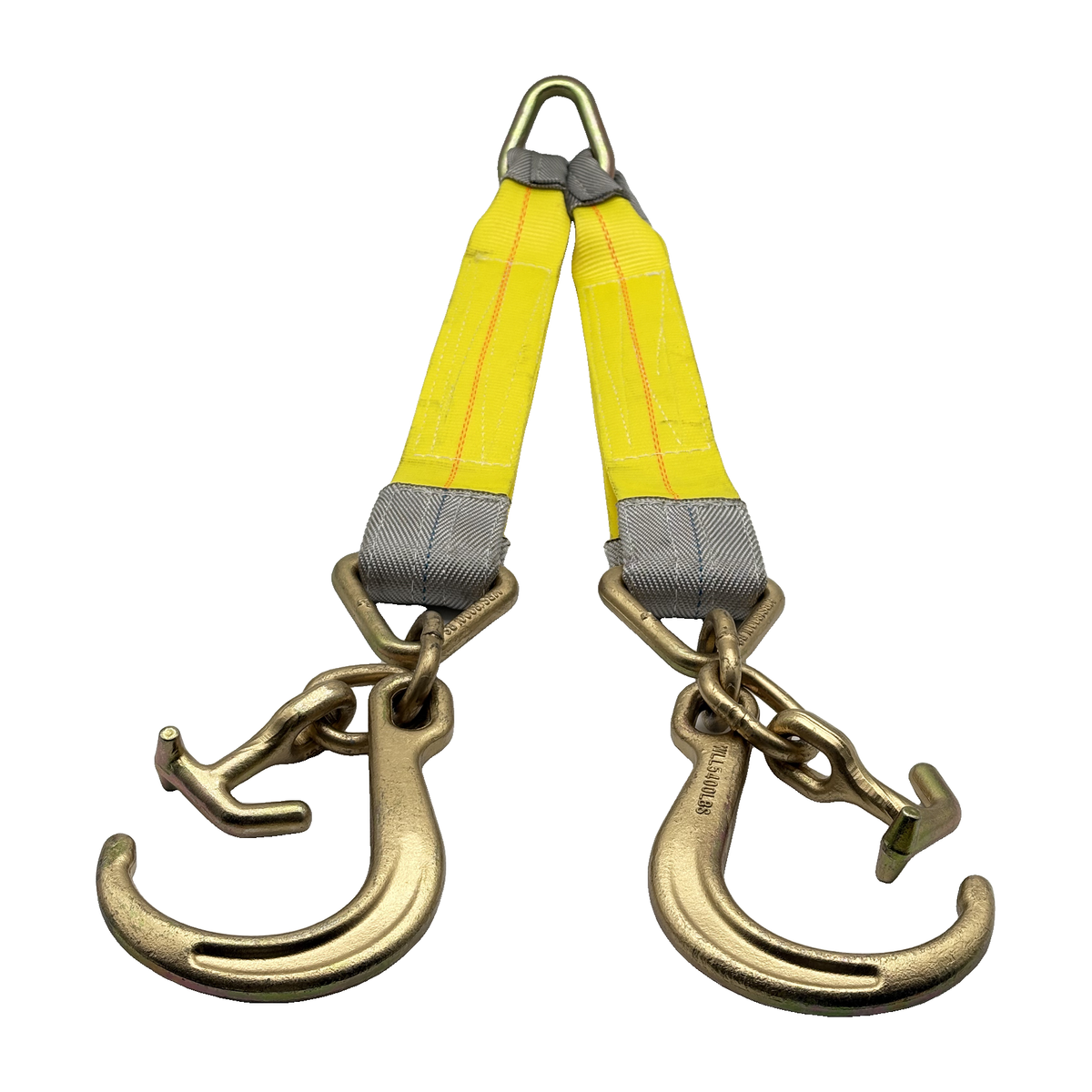 G70 V-Bridle HD Tow Strap w/3"x24" 3-Ply Center Legs w/Wear Pad Protected Eyes w/G70 Forged 5/8" Pear Link w/3" Forged Delta w/G70 Forged T-J Combo, and 8" J Hook Clusters