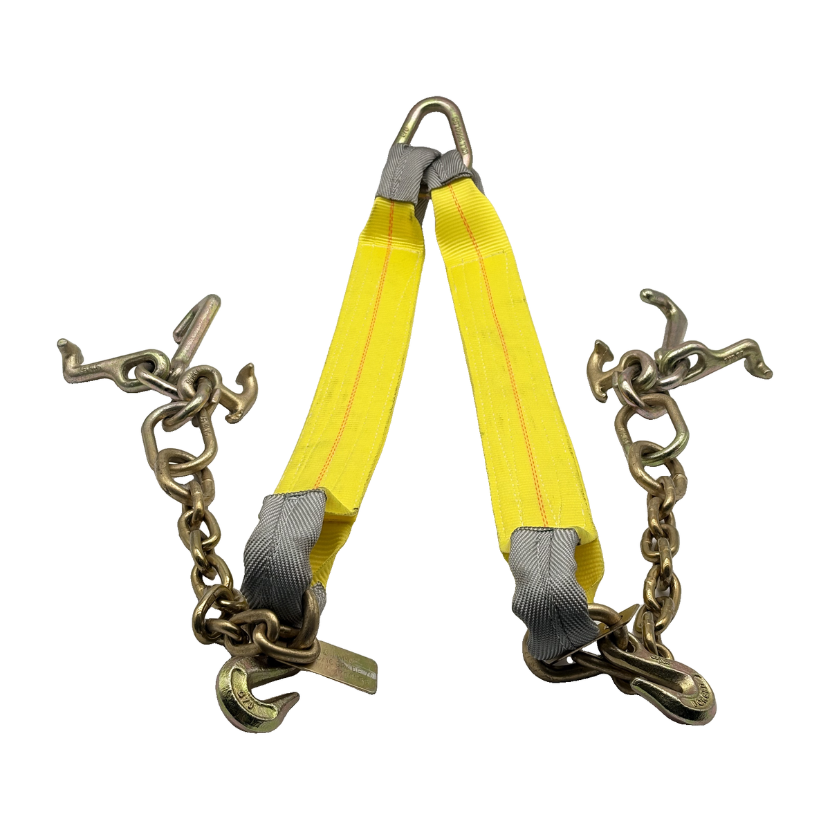 G70 V-Bridle HD Tow Strap w/3"x24" 3-Ply Center Legs w/Wear Pad Protected Eyes w/G70 Forged 5/8" Pear Link w/G70 5/16"x12" Chain Tail w/Forged 5/16" Shortening Grab Hooks w/R,T,4" Mini J Frame Hooks