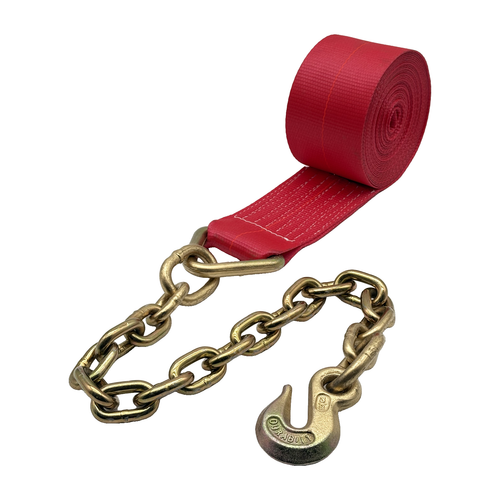 4"x30' Winch Strap w/G70 3/8"x24" Chain Tail w/Forged 3/8" Grab Hook (Red)