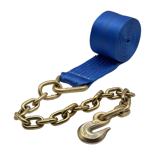 4"x30' Winch Strap w/G70 3/8"x24" Chain Tail w/Forged 3/8" Grab Hook (Blue)