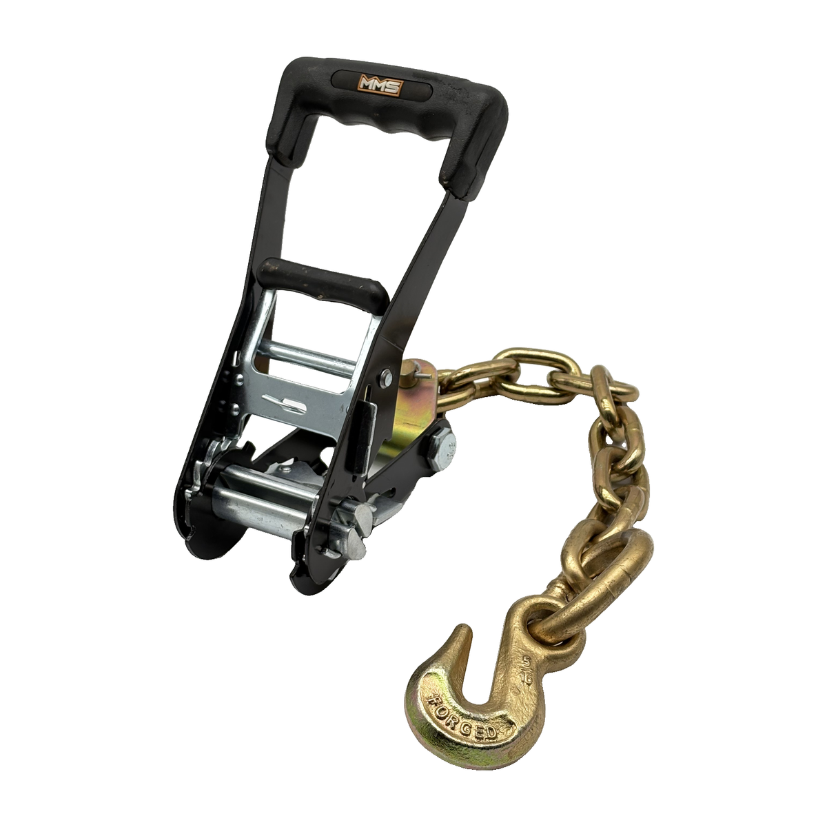 2" Premium MMS Black Rubber Long Wide Handle Ratchet Buckle w/G70 5/16"x12" Chain Tail w/Forged 5/16" Eye Grab Hook