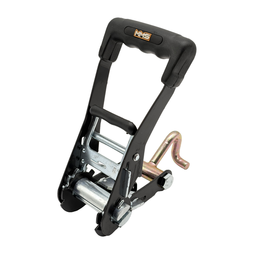 2" Premium MMS Black Rubber Long Wide Handle Ratchet Buckle w/Attaching Bent J Hook