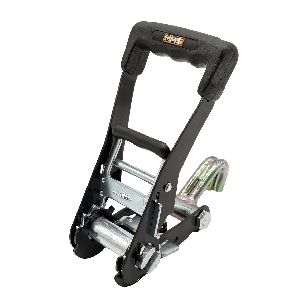 2" Premium MMS Black Rubber Long Wide Handle Ratchet Buckle w/Attaching Double Finger J Hook