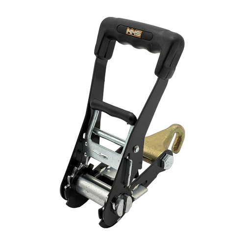 2" Premium MMS Black Rubber Long Wide Handle Ratchet Buckle w/Attaching Forged J Hook