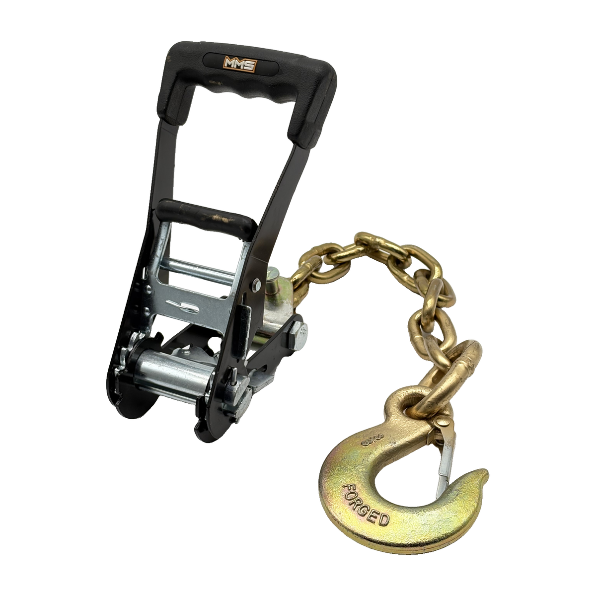 2" Premium MMS Black Rubber Long Wide Handle Ratchet Buckle w/Attaching G70 5/16"x12" Chain Tail w/G70 3/8" Slip Hook w/Safety Latch