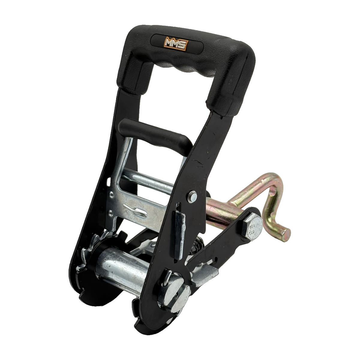 2" Premium MMS Black Rubber Wide Handle Ratchet Buckle w/Attaching Bent J Hook