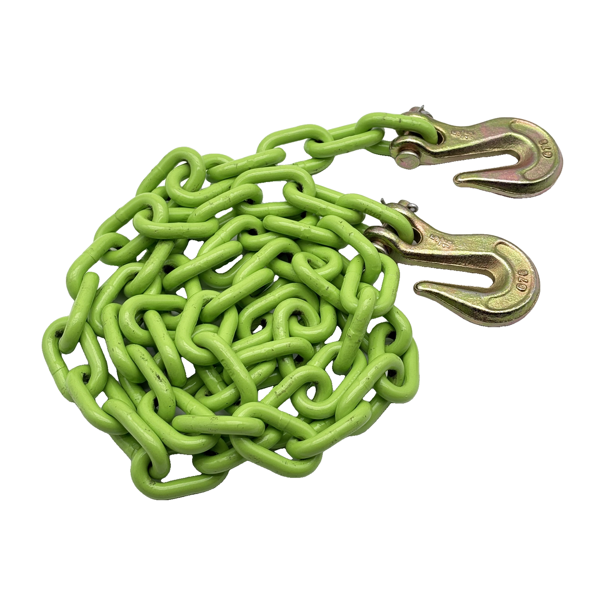 Grade 70 5/16" x 18' HiVis Green Transport Chain Assembly with Clevis Grab Hooks