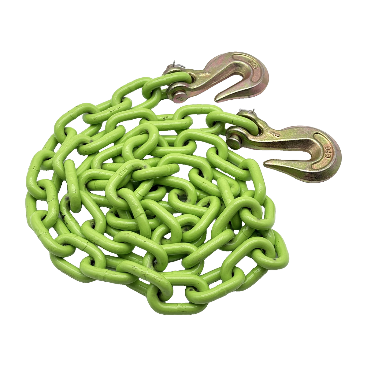 Grade 70 3/8" x 28' HiVis Green Transport Chain Assembly with Clevis Grab Hooks