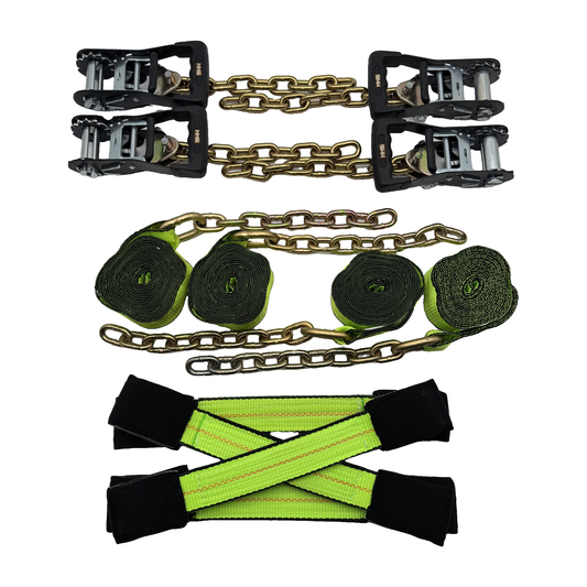 8 Point Tie Down Kit 2"x14' 100% American Made 20,000 lbs Break Strength Webbing w/G70 5/16"x12" Chain Tail Ends, "Dog Bone" Eye Loops w/Wear Pads & MMS Premium HD Ratchets (HiVis Green)