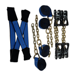 8 Point Tie Down Kit 2"x14' 100% American Made 12,000 lbs Break Strength Webbing w/G70 5/16"x12" Chain Tail Ends, "Dog Bone" Eye Loops w/Wear Pads & MMS Premium HD Ratchets (Blue)