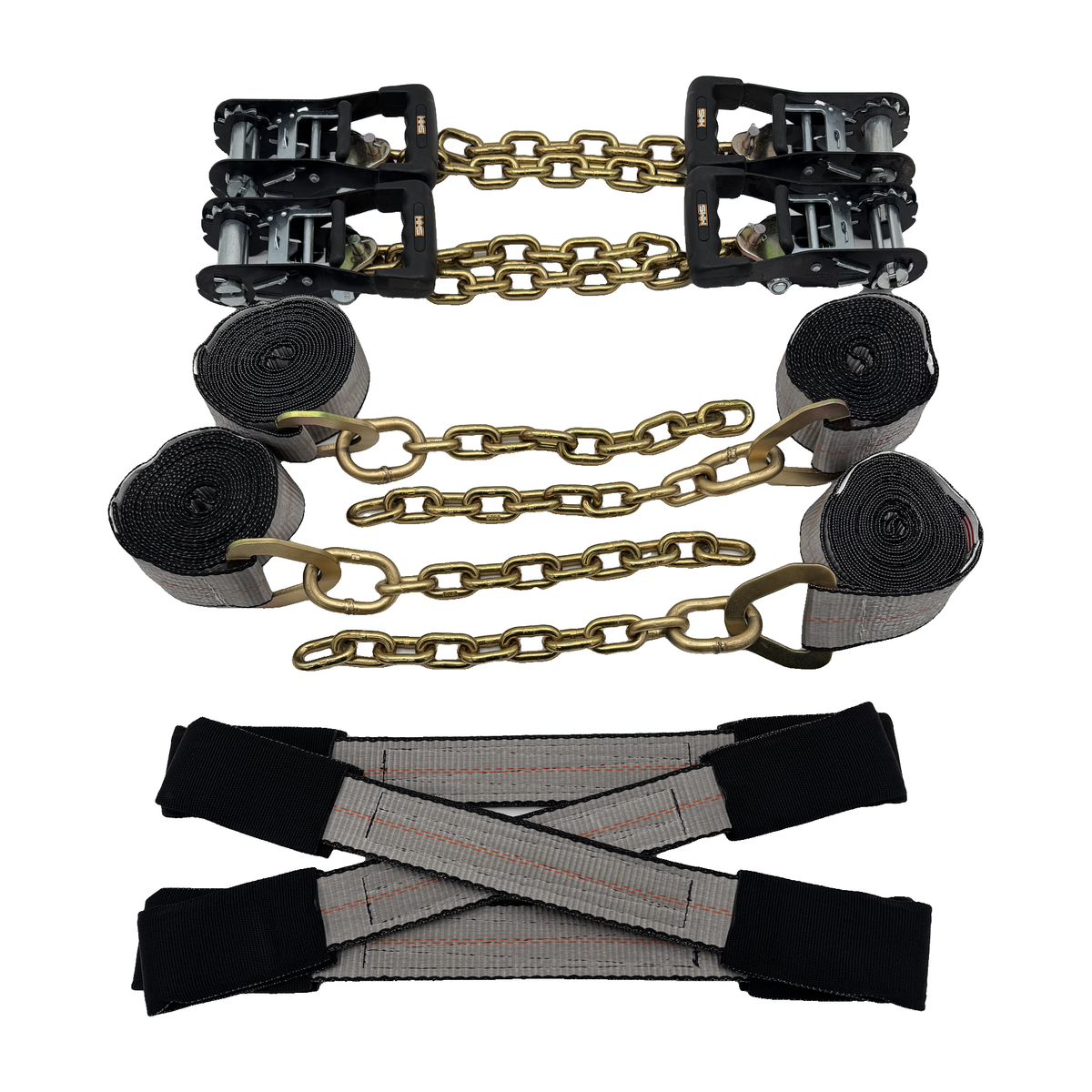 8 Point Tie Down Kit 2"x14' 100% American Made 12,000 lbs Break Strength Webbing w/G70 5/16"x12" Chain Tail Ends, "Dog Bone" Eye Loops w/Wear Pads & MMS Premium HD Ratchets (Gray)