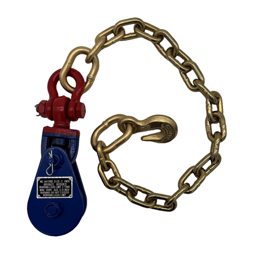 2 Ton Snatch Block w/Swivel Shackle w/G70 5/16"x24" Chain Anchor w/G70 5/16" Grab Hook - 3" Sheave Accepts up to 3/8" Wire or Synthetic Rope