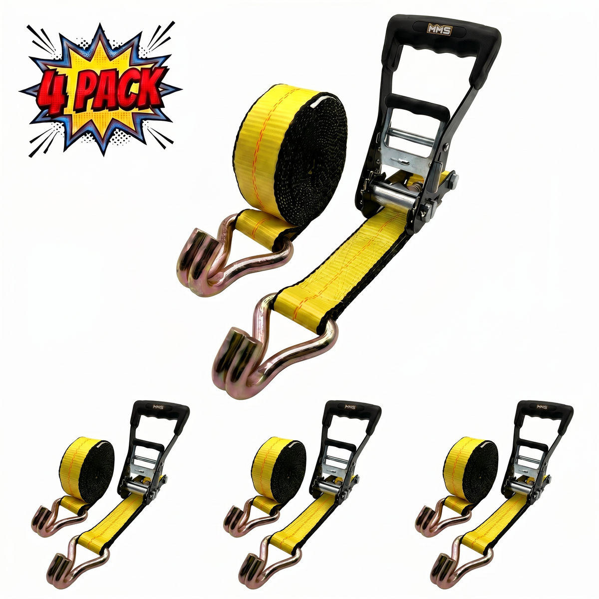 2" x 27' MMS Short-Handle Ratchet Strap w/Double-J Hook - Yellow 4-Pack