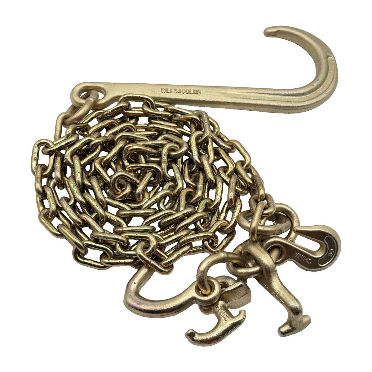 G70 5/16"x10' Chain Assembly w/15" J Hook on One End w/R,T, Datsun J Frame and Grab Hook Cluster on Opposite End