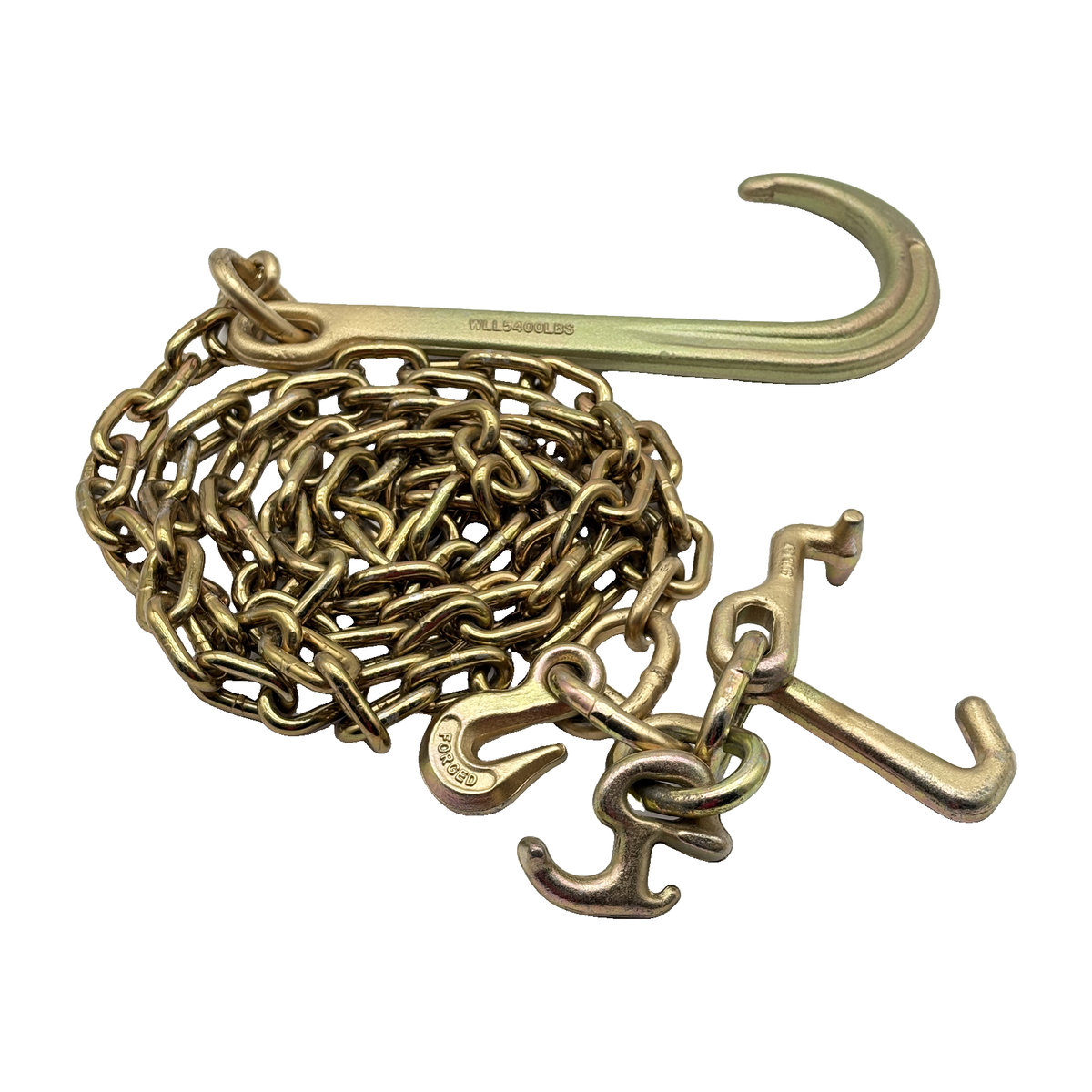 G70 5/16"x10' Chain Assembly w/15" J Hook on One End w/R,T, 4" Mini J Frame and Grab Hook Cluster on Opposite End