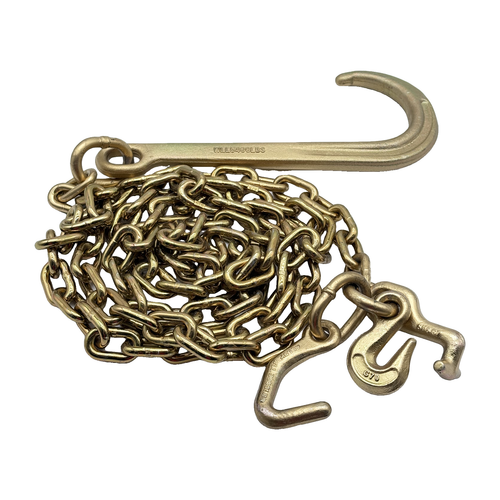 G70 5/16"x10' Chain Assembly w/15" J Hook on One End w/"T",Datsun J Frame Hook and Forged 5/16" Grab Hook on Opposite End
