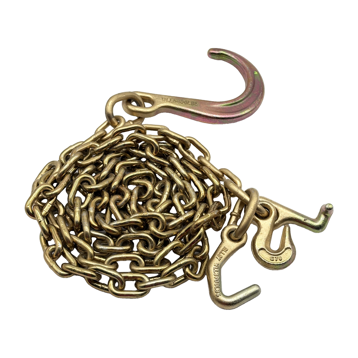 G70 5/16"x10' Chain Assembly w/8" J Hook on One End w/"T",Datsun J Frame Hook and Forged 5/16" Grab Hook on Opposite End