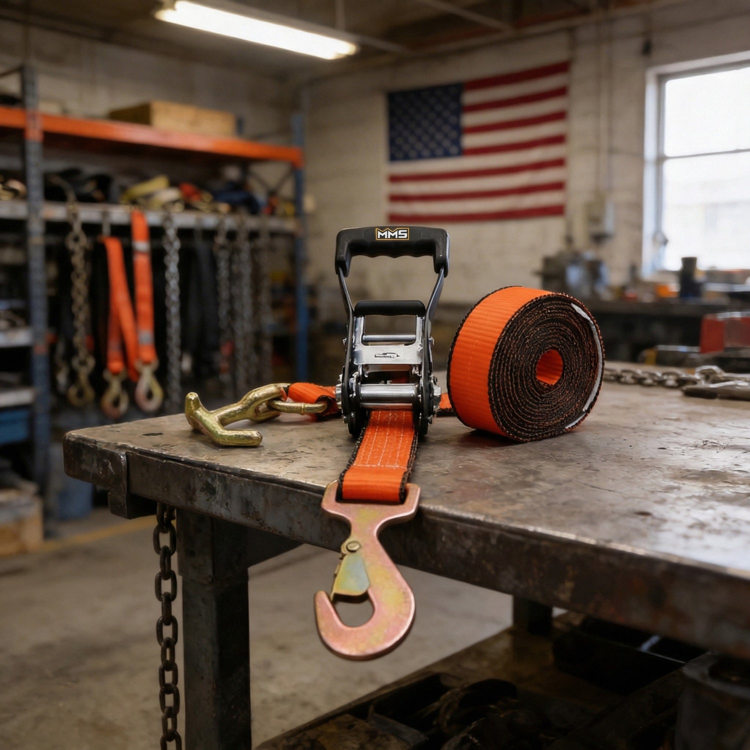 MMS ratchet strap on workbench with American flag - American Made, No Compromise