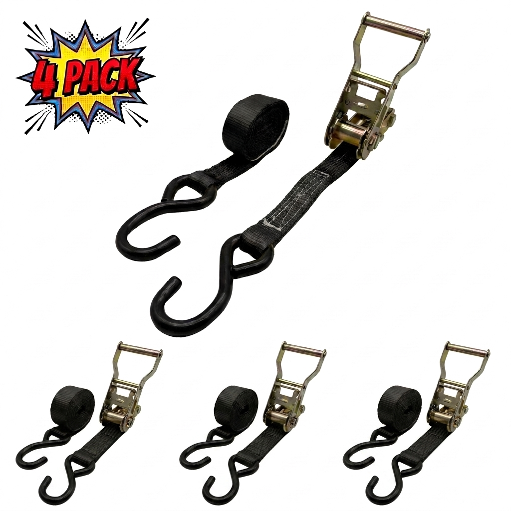 1" x 10' Ratchet Strap w/ S-Hook 4-Pack - Black