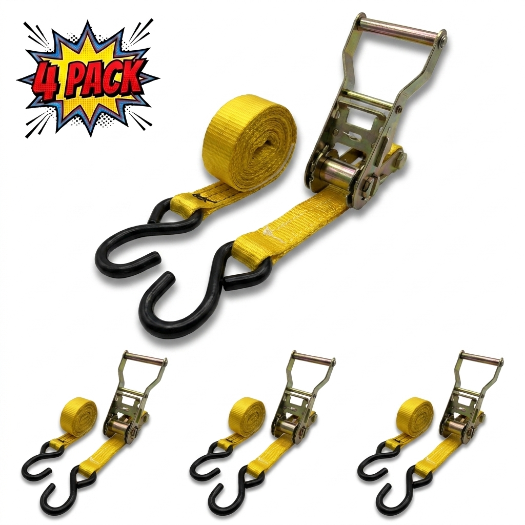 1" x 10' Ratchet Strap w/ S-Hook 4-Pack - Yellow
