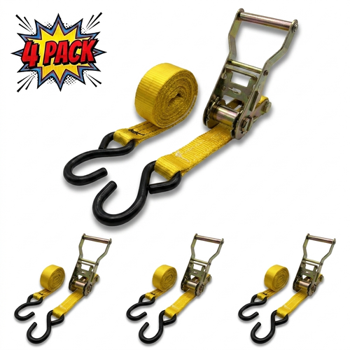 1" x 10' Ratchet Strap w/ S-Hook 4-Pack - Yellow