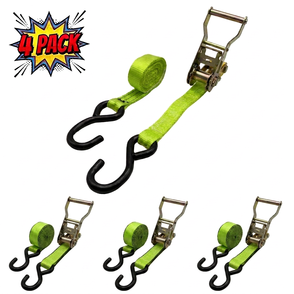 15' Heavy Duty Ratchet + Strap with S-Hook 4-Pack - HiVis Green